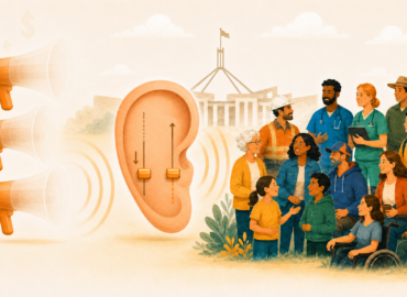An editorial-style illustration set against the silhouette of the Australian Parliament House. At the center is a large, symbolic ear seamlessly integrated with an audio mixing desk, featuring two vertical sliders. The left slider, labeled with a downward arrow from a higher point, aligns with several megaphones that have faint, translucent dollar signs behind them. These megaphones appear to be "fading out," with their handles solid but their speaker horns becoming ghostly and transparent. On the right, a diverse group of ordinary Australians—including healthcare workers, tradies, parents, and seniors—is shown in calm conversation. Their corresponding slider on the ear-mixer shows an upward arrow, rising from a lower point to match the exact same level as the megaphone slider. The image uses warm, hopeful tones to illustrate the concept of "democratic equalization," where loud, well-funded interests are balanced equally with the voices of the silent majority.