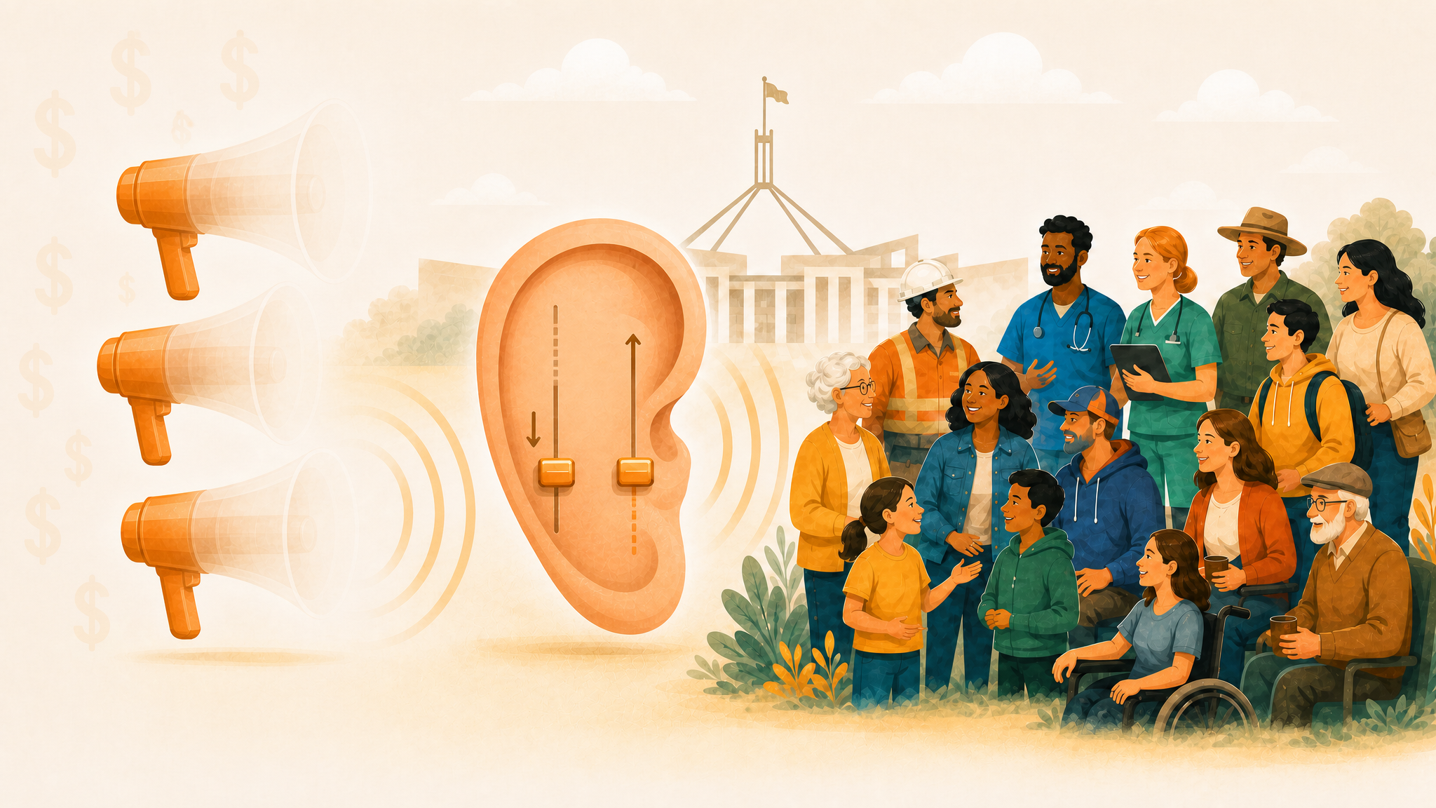 An editorial-style illustration set against the silhouette of the Australian Parliament House. At the center is a large, symbolic ear seamlessly integrated with an audio mixing desk, featuring two vertical sliders. The left slider, labeled with a downward arrow from a higher point, aligns with several megaphones that have faint, translucent dollar signs behind them. These megaphones appear to be "fading out," with their handles solid but their speaker horns becoming ghostly and transparent. On the right, a diverse group of ordinary Australians—including healthcare workers, tradies, parents, and seniors—is shown in calm conversation. Their corresponding slider on the ear-mixer shows an upward arrow, rising from a lower point to match the exact same level as the megaphone slider. The image uses warm, hopeful tones to illustrate the concept of "democratic equalization," where loud, well-funded interests are balanced equally with the voices of the silent majority.