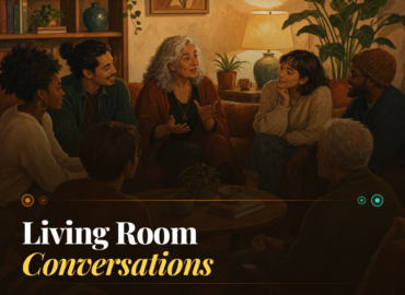 Illustration of a diverse group of seven people sitting together in a warm, welcoming living room having a genuine conversation. Soft lighting from a lamp, bookshelves and plants visible in background. Text overlay reads "Living Room Conversations" with tagline "Different views. Same table. Real conversations that bridge divides — 90 minutes, your neighbours, your community." Amber and teal design elements connect across the image, symbolizing bridging differences. Part of the Democratic Civic Access Framework (DCAF).