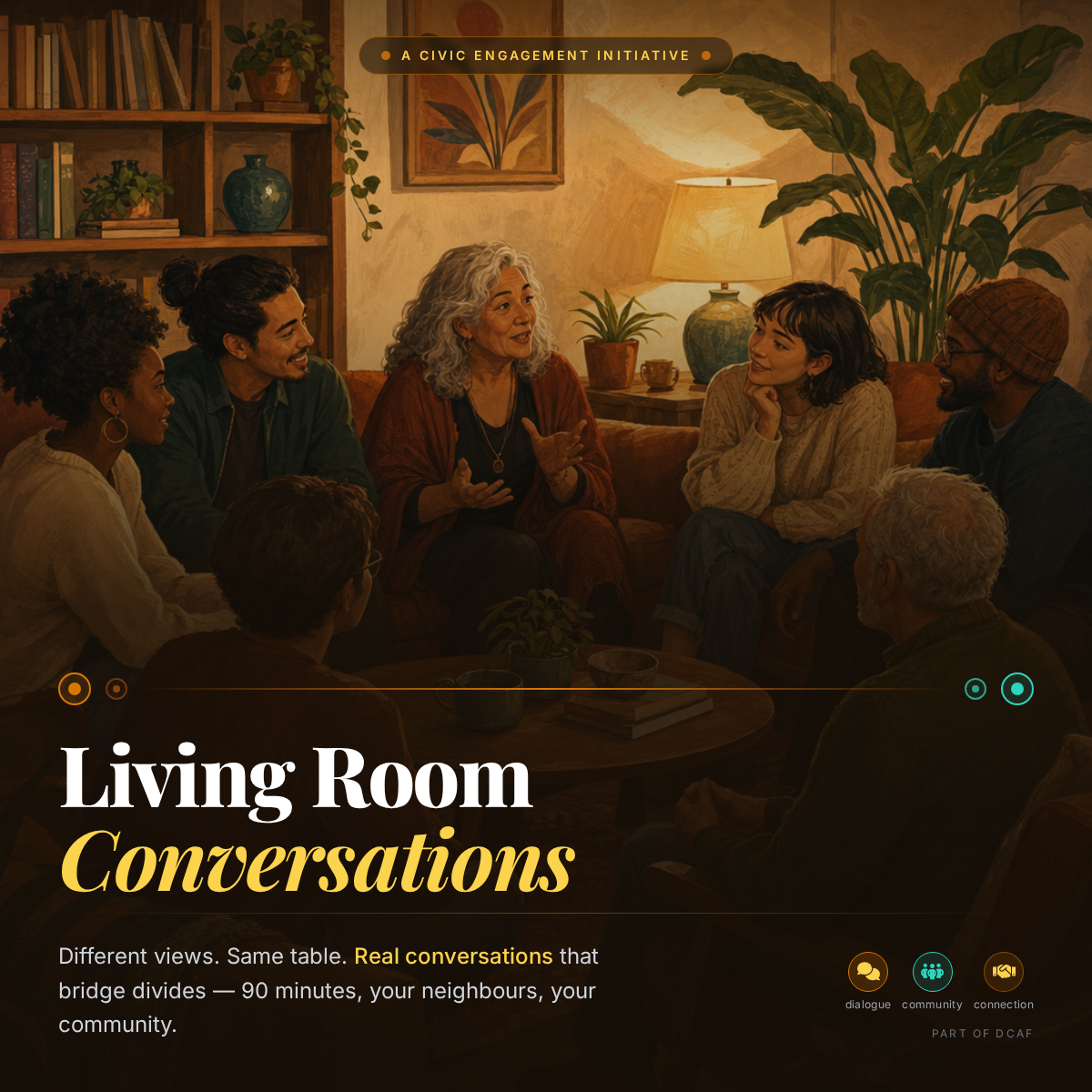 Illustration of a diverse group of seven people sitting together in a warm, welcoming living room having a genuine conversation. Soft lighting from a lamp, bookshelves and plants visible in background. Text overlay reads "Living Room Conversations" with tagline "Different views. Same table. Real conversations that bridge divides — 90 minutes, your neighbours, your community." Amber and teal design elements connect across the image, symbolizing bridging differences. Part of the Democratic Civic Access Framework (DCAF).